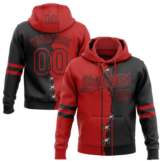 Custom Black Red Split Ripped Pattern Baseball Pullover Sweatshirt Hoodie - Main View