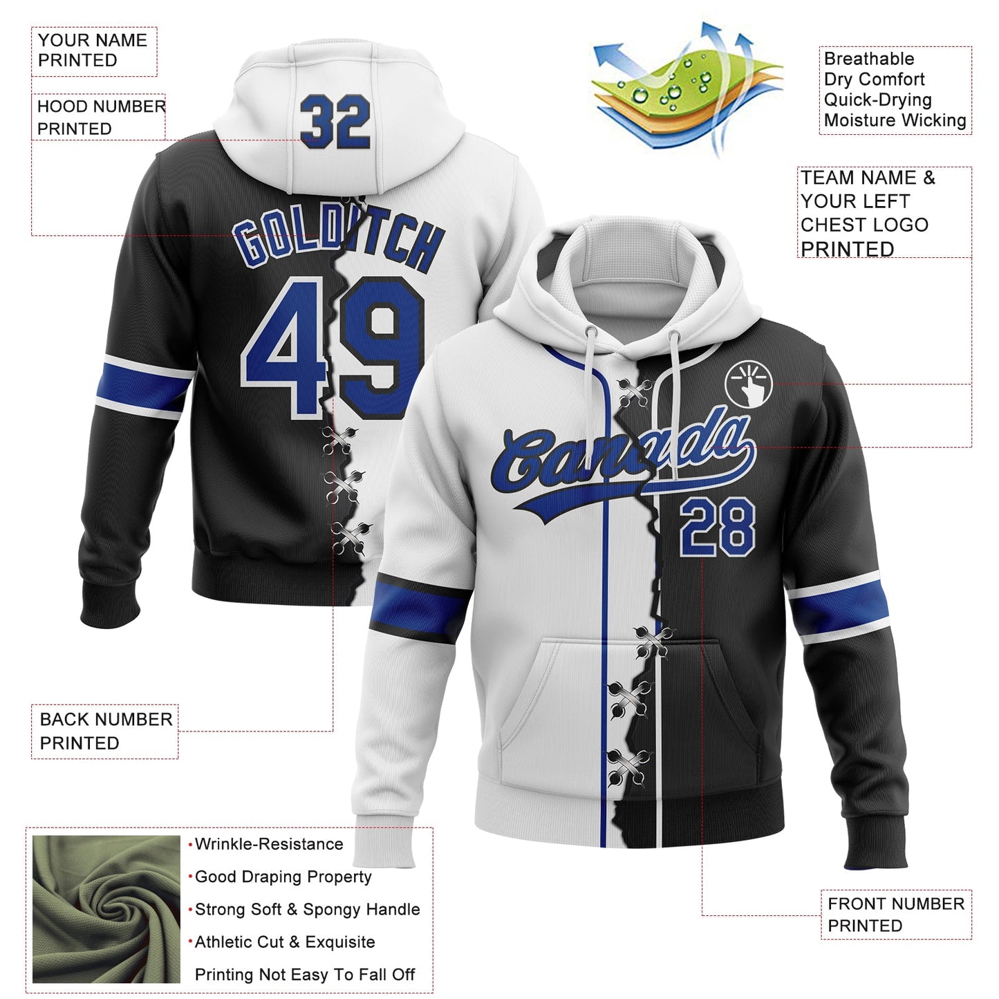 Custom Black Royal-White Split Ripped Pattern Baseball Pullover Sweatshirt Hoodie view 4