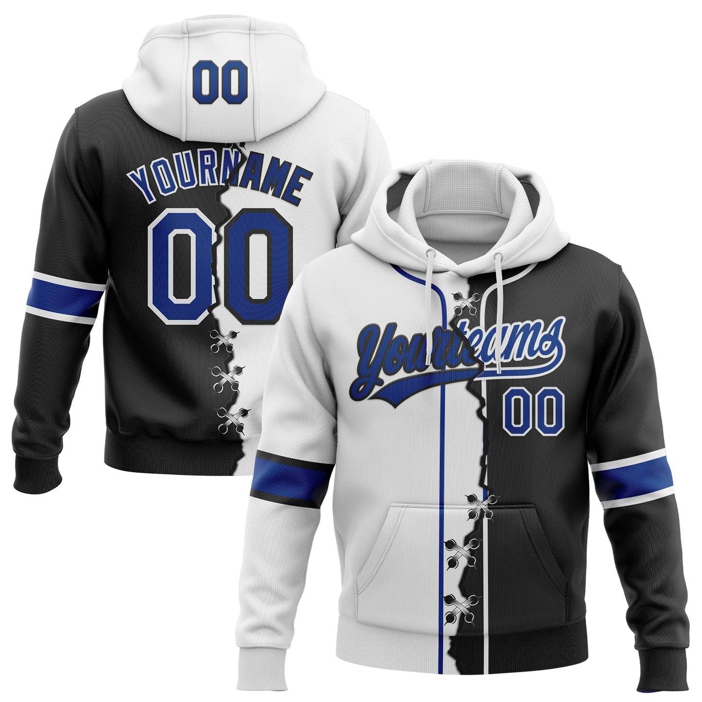 Custom Black Royal-White Split Ripped Pattern Baseball Pullover Sweatshirt Hoodie - Main View