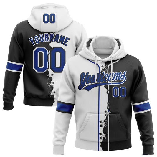 Custom Black Royal-White Split Ripped Pattern Baseball Pullover Sweatshirt Hoodie - Main View