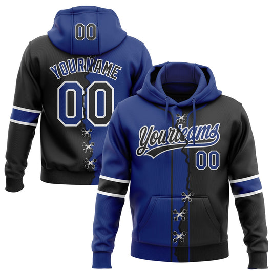 Custom Black Royal-White Split Ripped Pattern Baseball Pullover Sweatshirt Hoodie - Main View