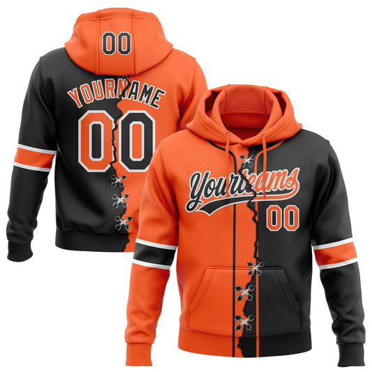 Custom Black Orange-White Split Ripped Pattern Baseball Pullover Sweatshirt Hoodie - Main View