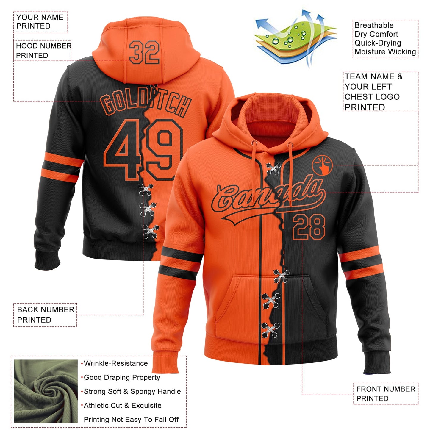 Custom Black Orange Split Ripped Pattern Baseball Pullover Sweatshirt Hoodie view 4
