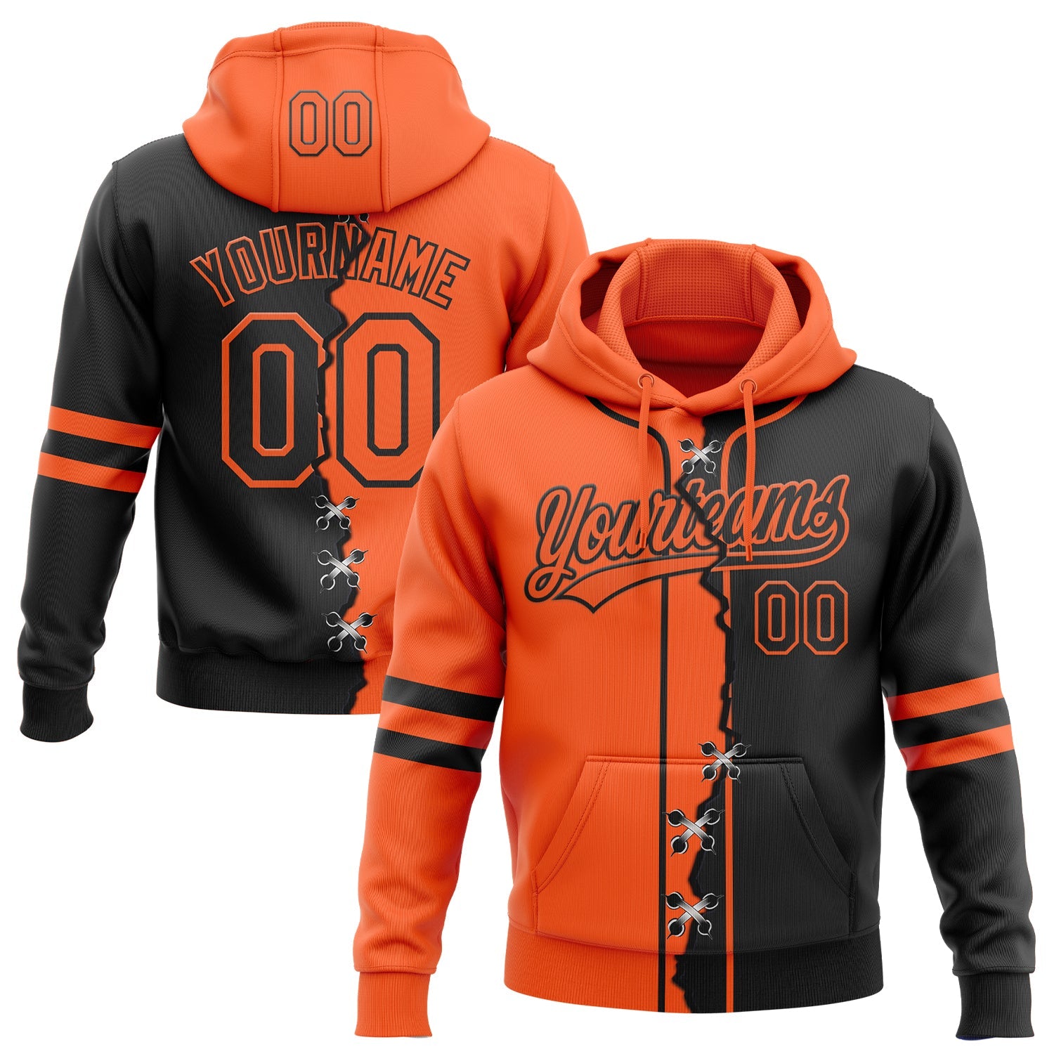 Custom Black Orange Split Ripped Pattern Baseball Pullover Sweatshirt Hoodie - Main View