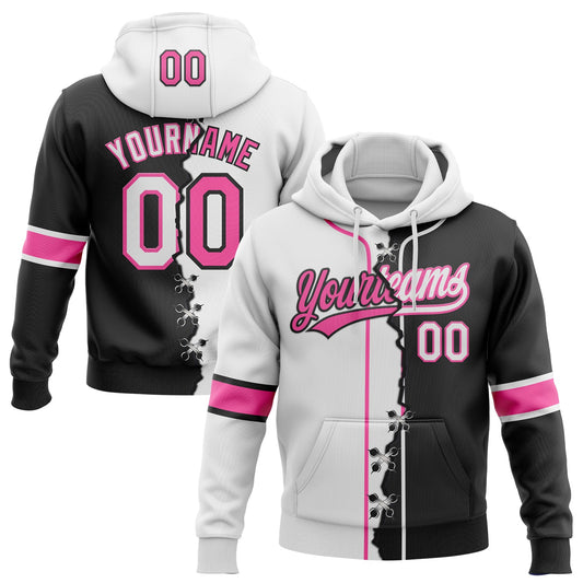 Custom Black Whte-Pink Split Ripped Pattern Baseball Pullover Sweatshirt Hoodie - Main View