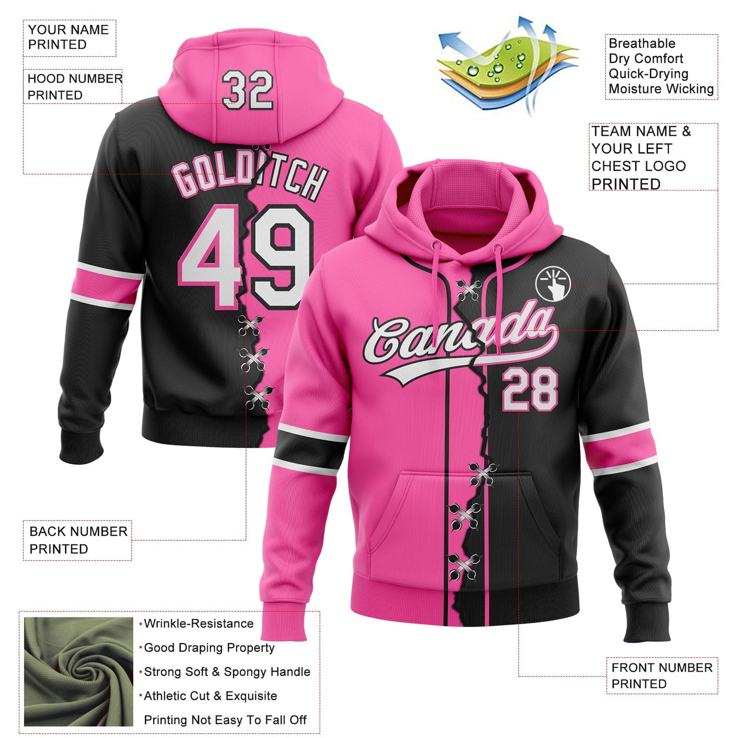 Custom Black Whte-Pink Split Ripped Pattern Baseball Pullover Sweatshirt Hoodie view 4