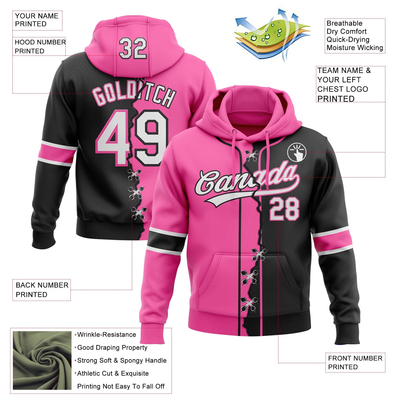 Custom Black Whte-Pink Split Ripped Pattern Baseball Pullover Sweatshirt Hoodie view 4