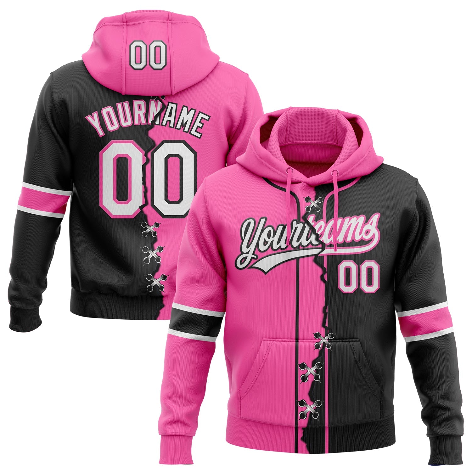 Custom Black Whte-Pink Split Ripped Pattern Baseball Pullover Sweatshirt Hoodie - Main View