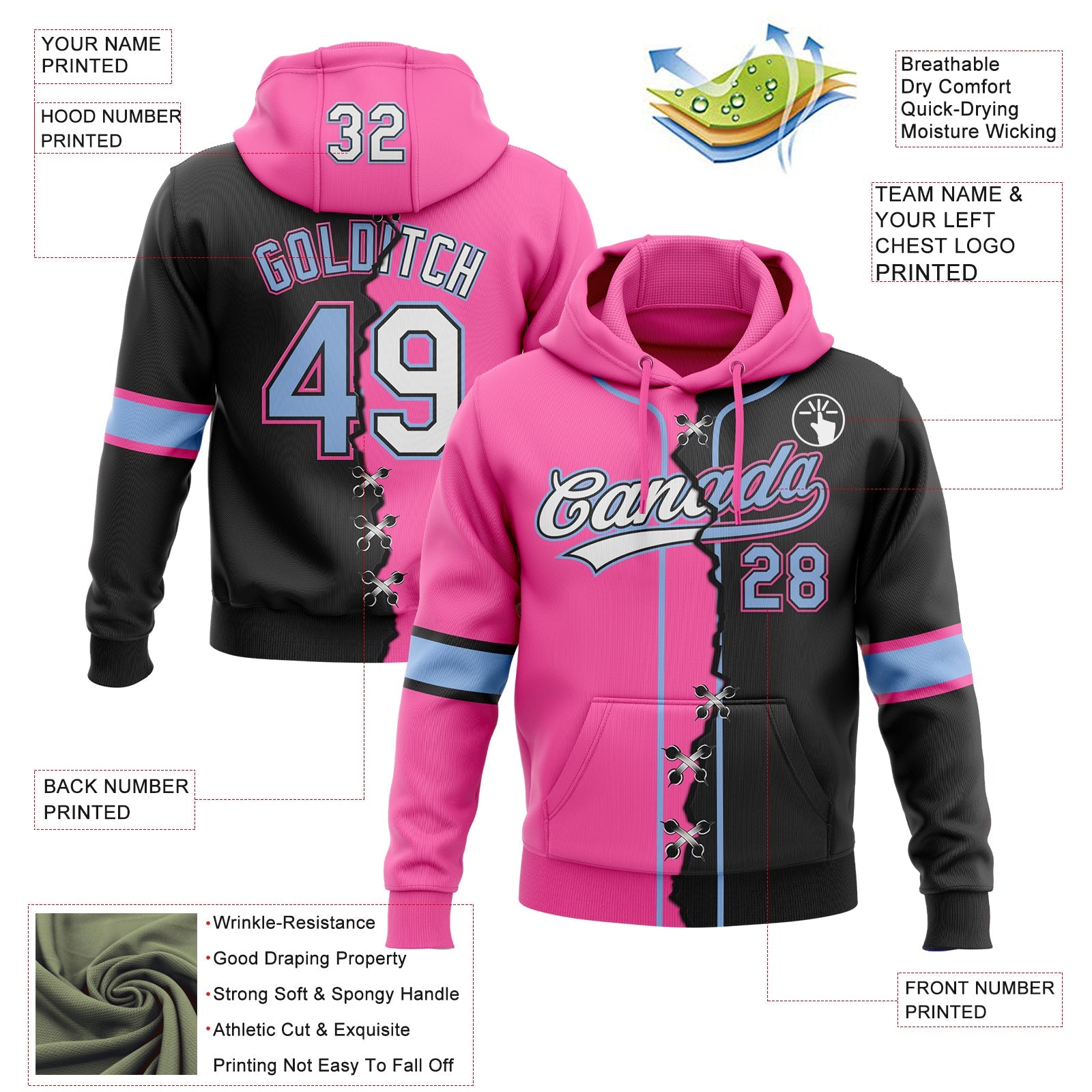 Custom Black Light Blue Pink-Whte Split Ripped Pattern Baseball Pullover Sweatshirt Hoodie view 4