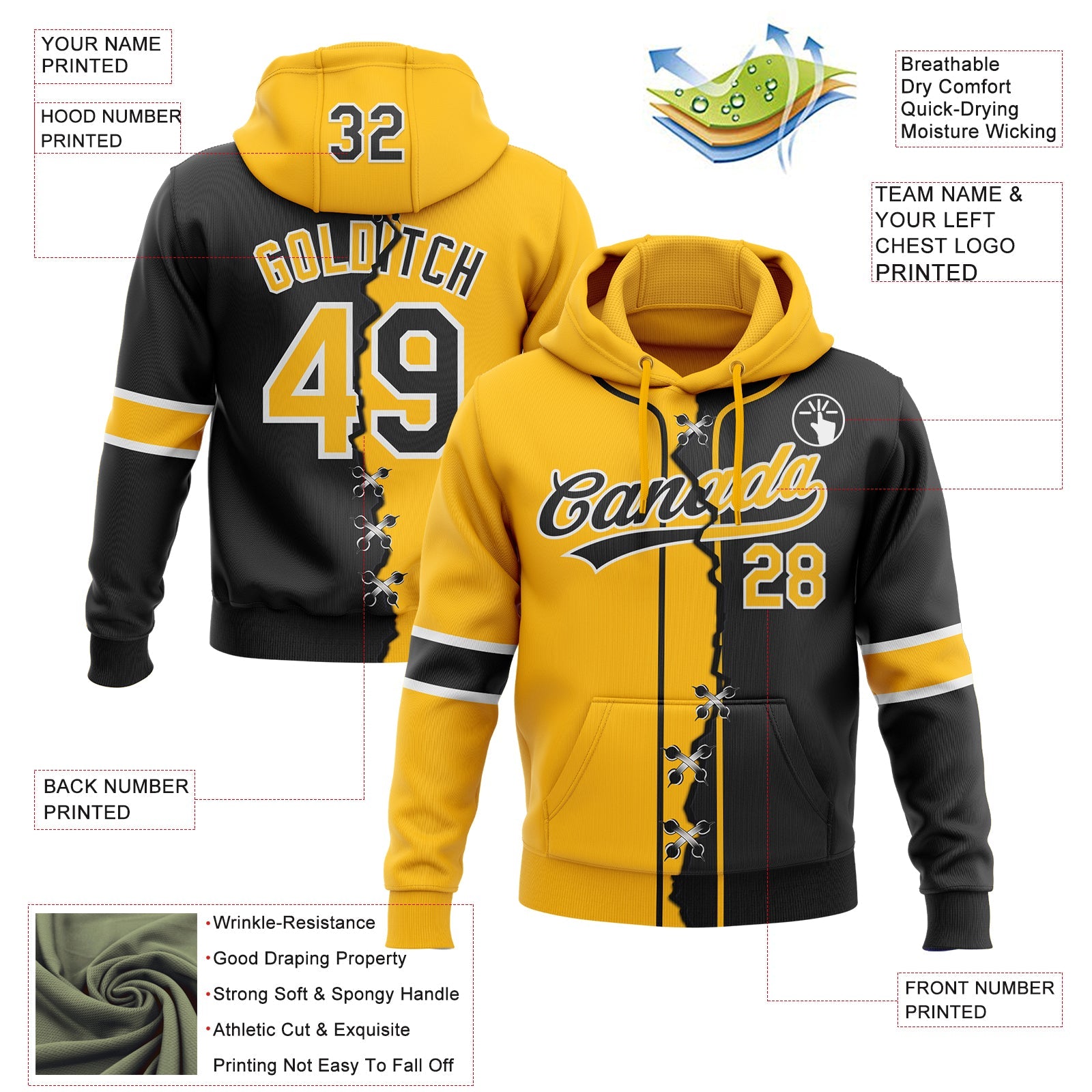 Custom Black Gold-Whte Split Ripped Pattern Baseball Pullover Sweatshirt Hoodie view 4