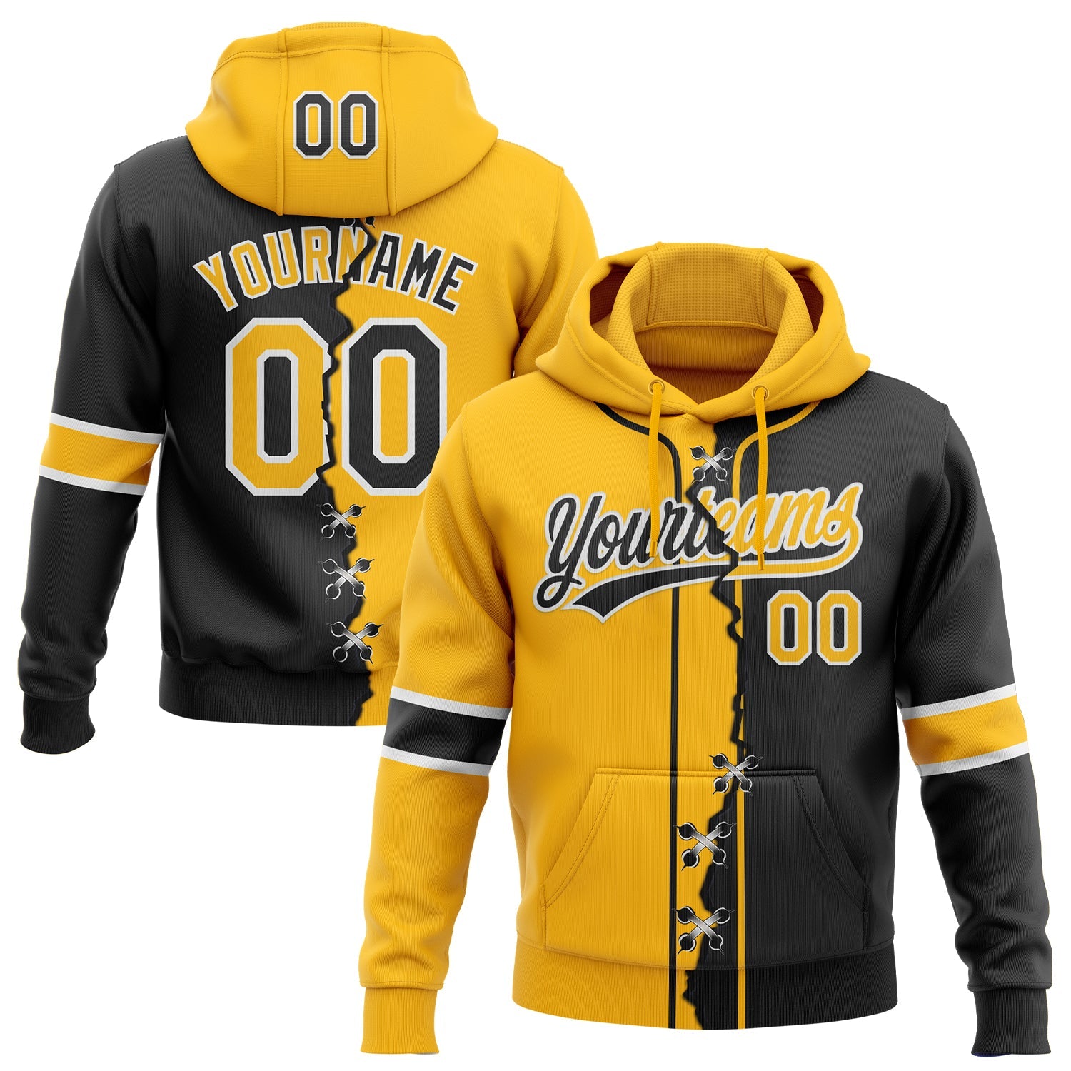 Custom Black Gold-Whte Split Ripped Pattern Baseball Pullover Sweatshirt Hoodie - Main View