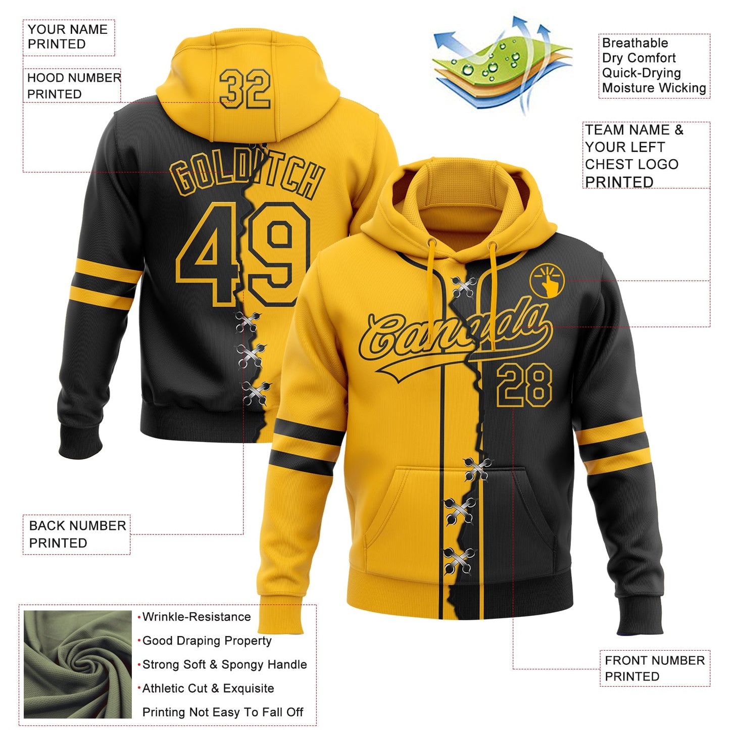 Custom Black Gold Split Ripped Pattern Baseball Pullover Sweatshirt Hoodie view 4