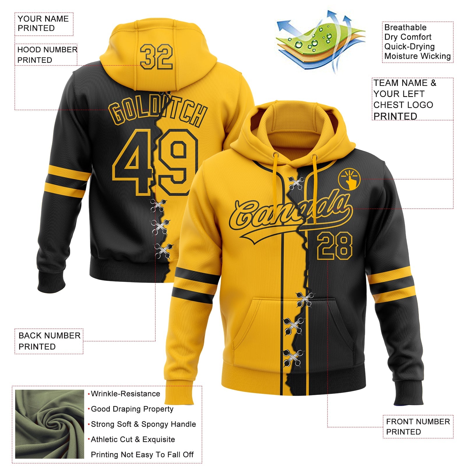 Custom Black Gold Split Ripped Pattern Baseball Pullover Sweatshirt Hoodie view 4