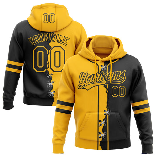 Custom Black Gold Split Ripped Pattern Baseball Pullover Sweatshirt Hoodie - Main View