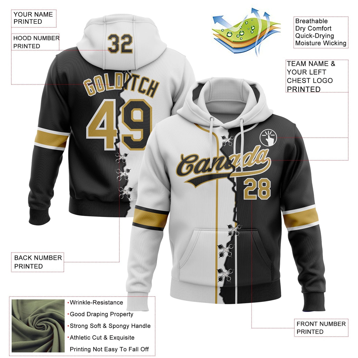 Custom Black Old Gold-White Split Ripped Pattern Baseball Pullover Sweatshirt Hoodie view 4