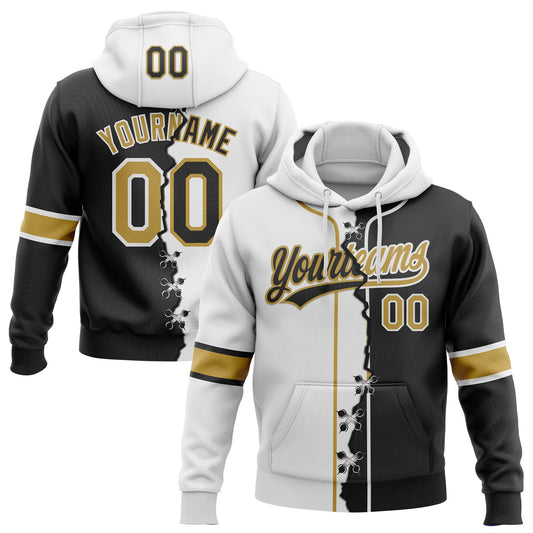 Custom Black Old Gold-White Split Ripped Pattern Baseball Pullover Sweatshirt Hoodie - Main View