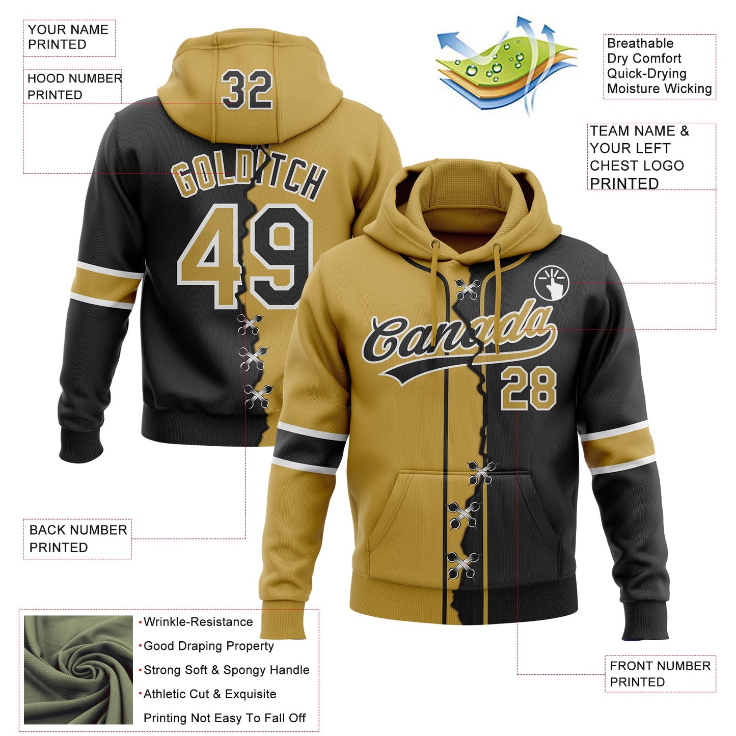 Custom Black Old Gold-White Split Ripped Pattern Baseball Pullover Sweatshirt Hoodie view 4