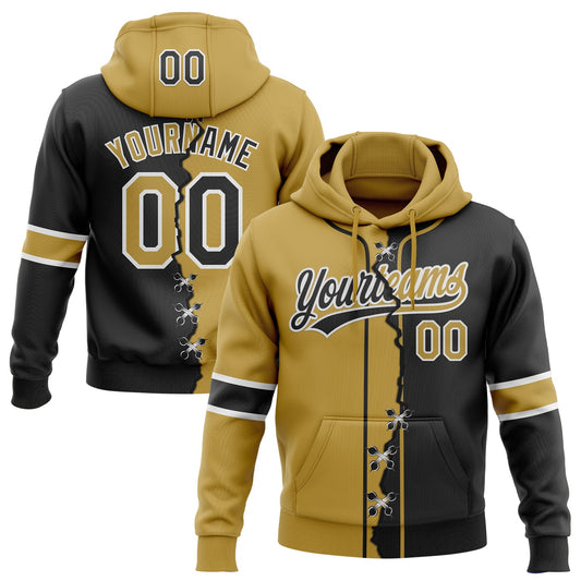 Custom Black Old Gold-White Split Ripped Pattern Baseball Pullover Sweatshirt Hoodie - Main View