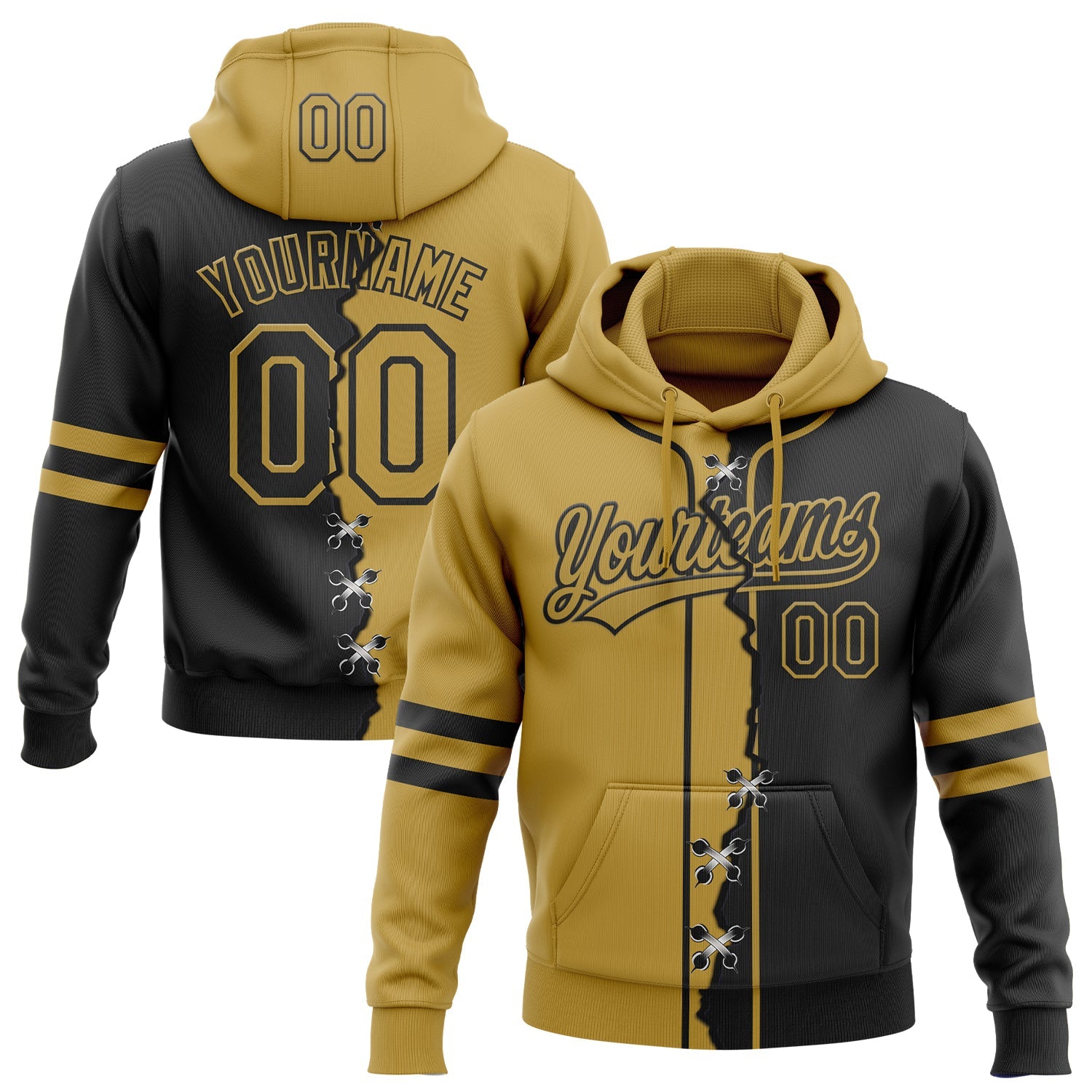 Custom Black Old Gold Split Ripped Pattern Baseball Pullover Sweatshirt Hoodie - Main View
