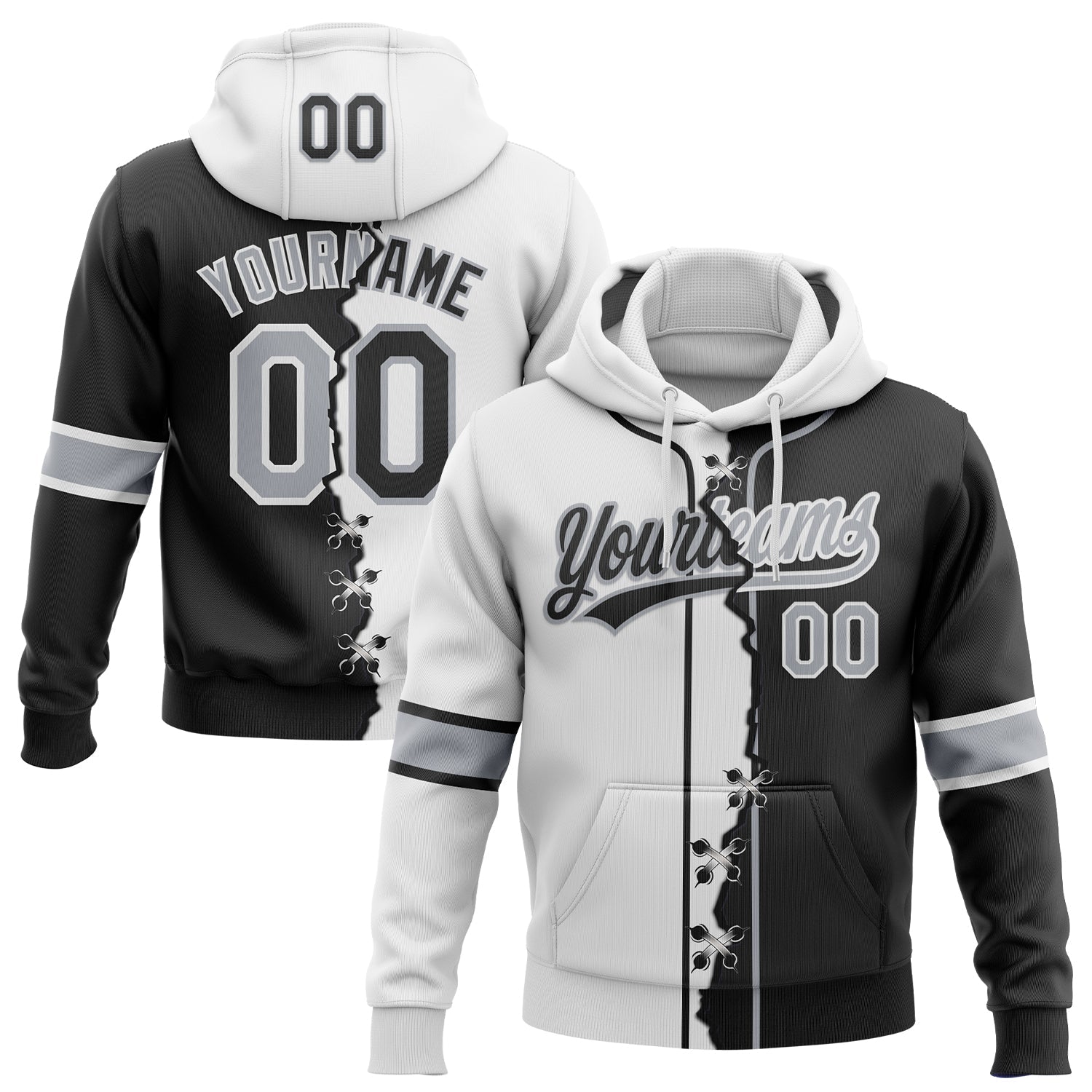 Custom Black Gray-White Split Ripped Pattern Baseball Pullover Sweatshirt Hoodie - Main View
