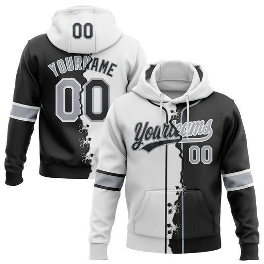Custom Black Gray-White Split Ripped Pattern Baseball Pullover Sweatshirt Hoodie - Main View