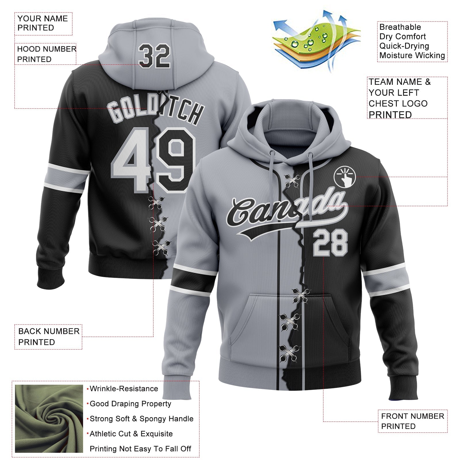 Custom Black Gray-White Split Ripped Pattern Baseball Pullover Sweatshirt Hoodie view 4