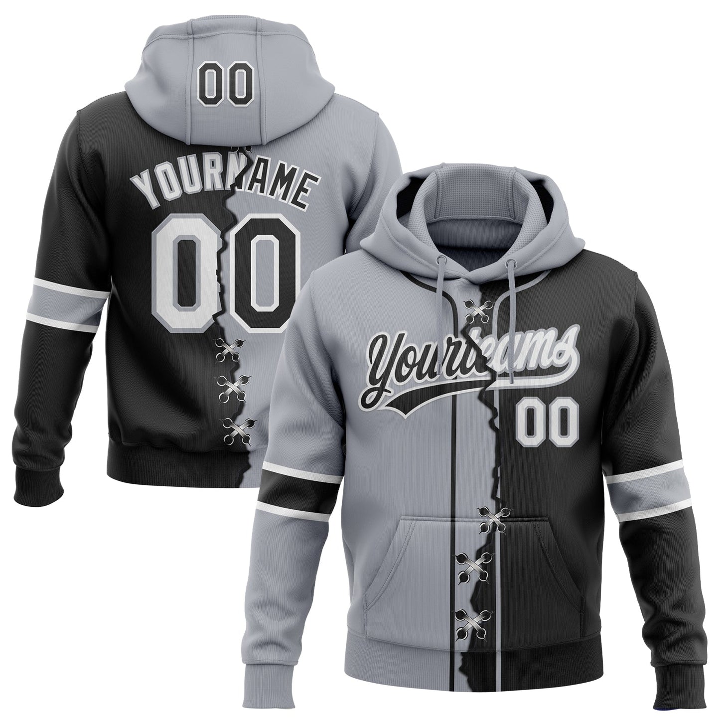 Custom Black Gray-White Split Ripped Pattern Baseball Pullover Sweatshirt Hoodie - Main View