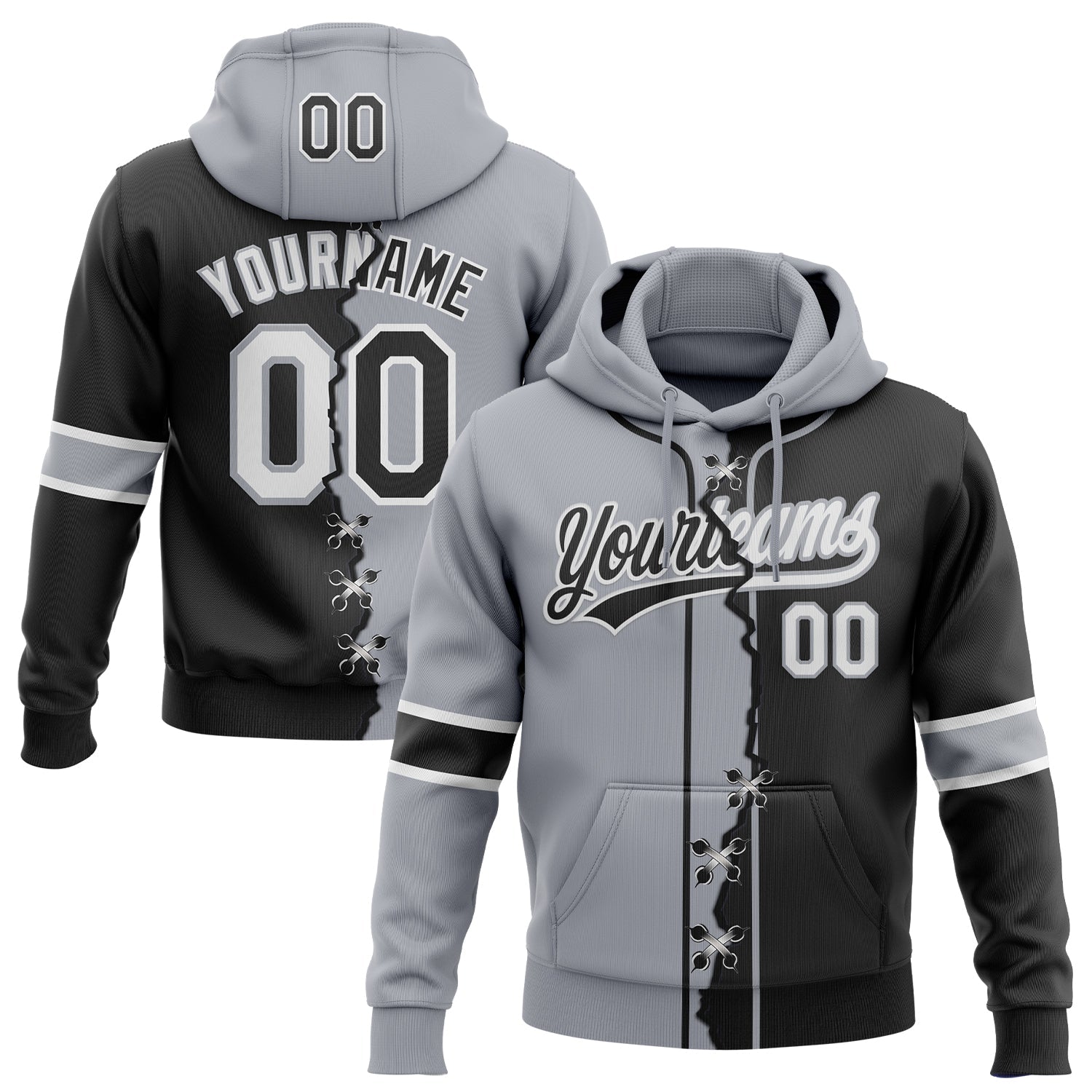 Custom Black Gray-White Split Ripped Pattern Baseball Pullover Sweatshirt Hoodie - Main View