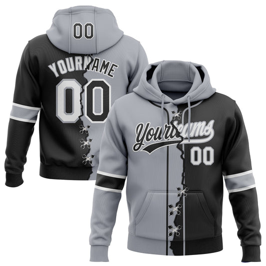 Custom Black Gray-White Split Ripped Pattern Baseball Pullover Sweatshirt Hoodie - Main View