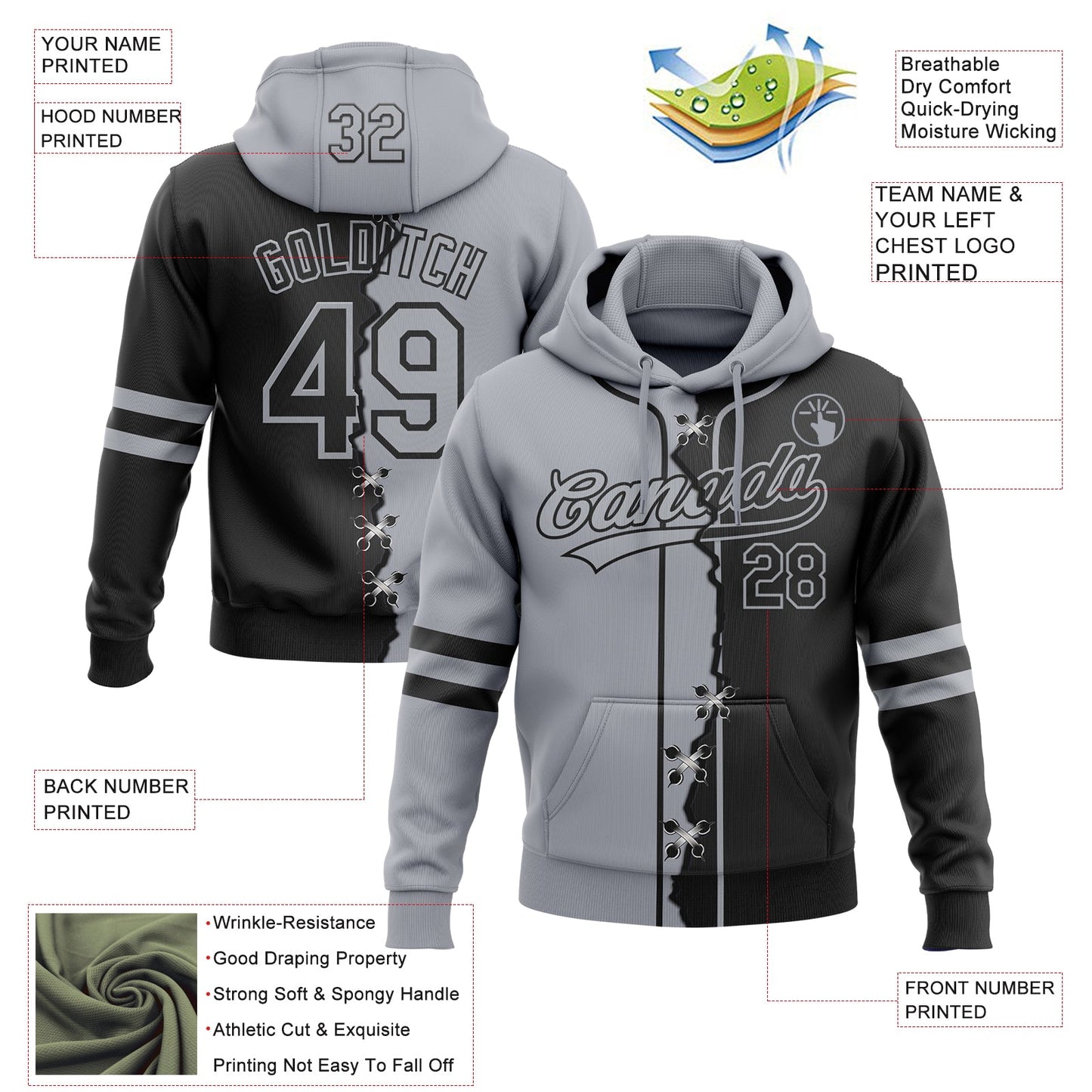 Custom Black Gray Split Ripped Pattern Baseball Pullover Sweatshirt Hoodie view 4