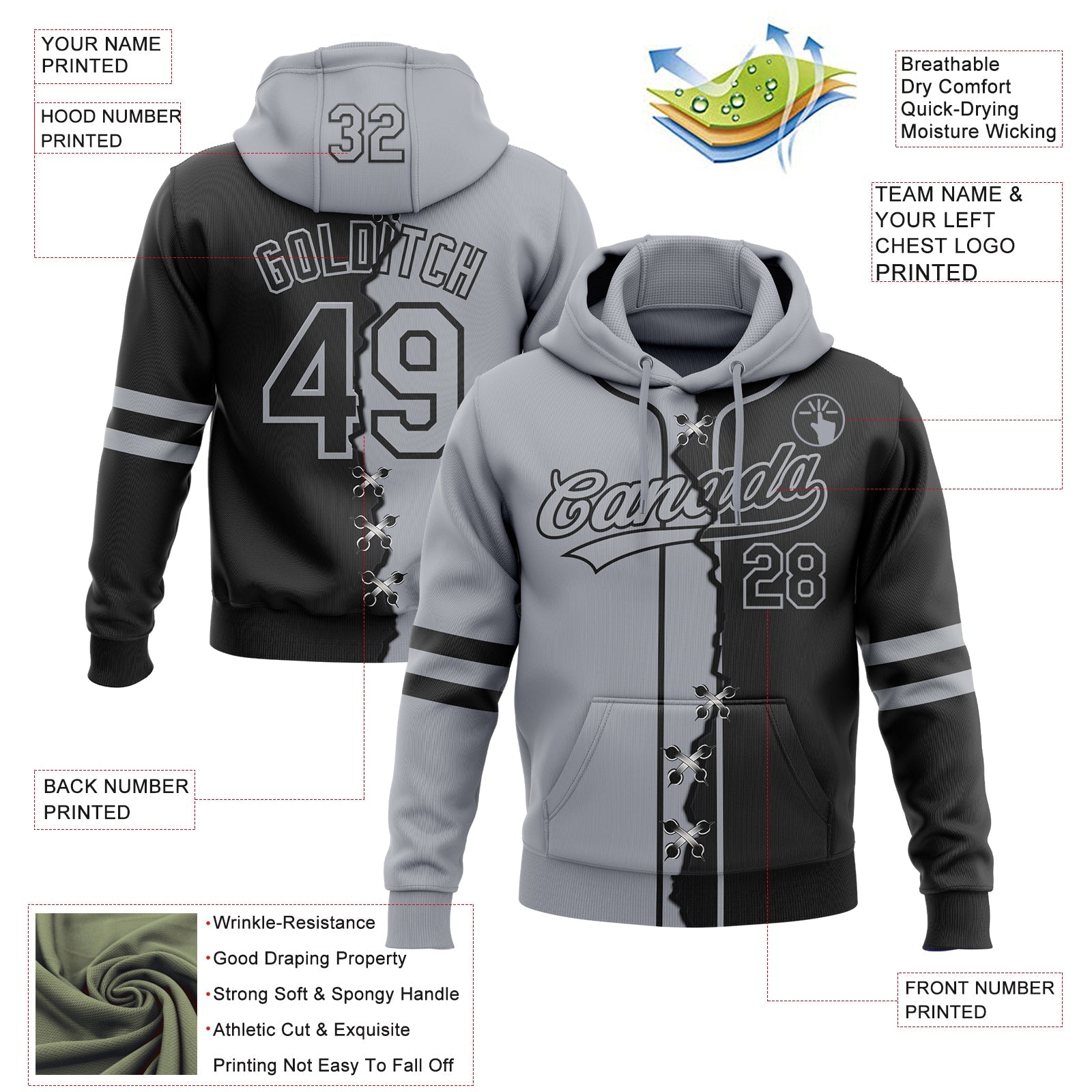 Custom Black Gray Split Ripped Pattern Baseball Pullover Sweatshirt Hoodie view 4