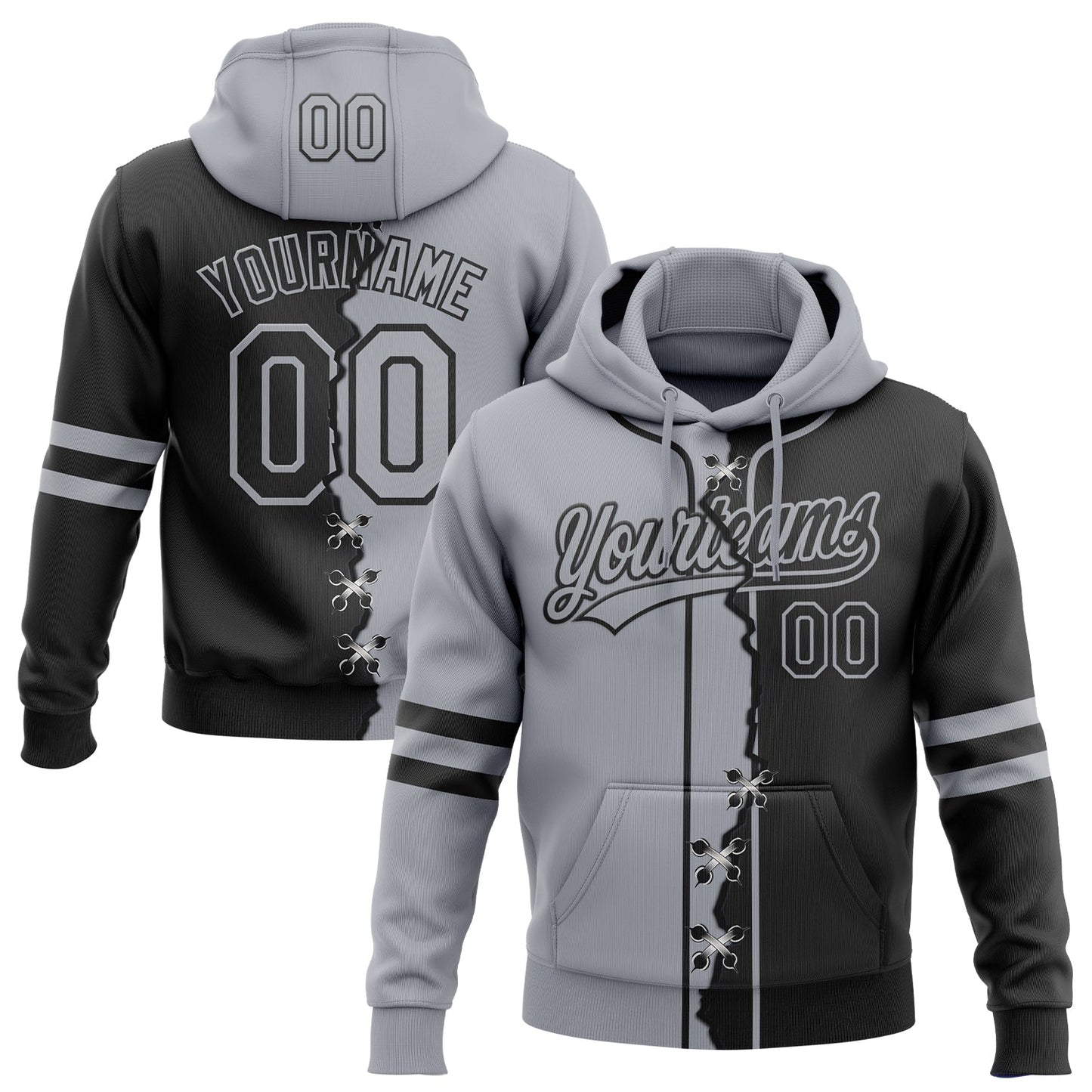 Custom Black Gray Split Ripped Pattern Baseball Pullover Sweatshirt Hoodie - Main View