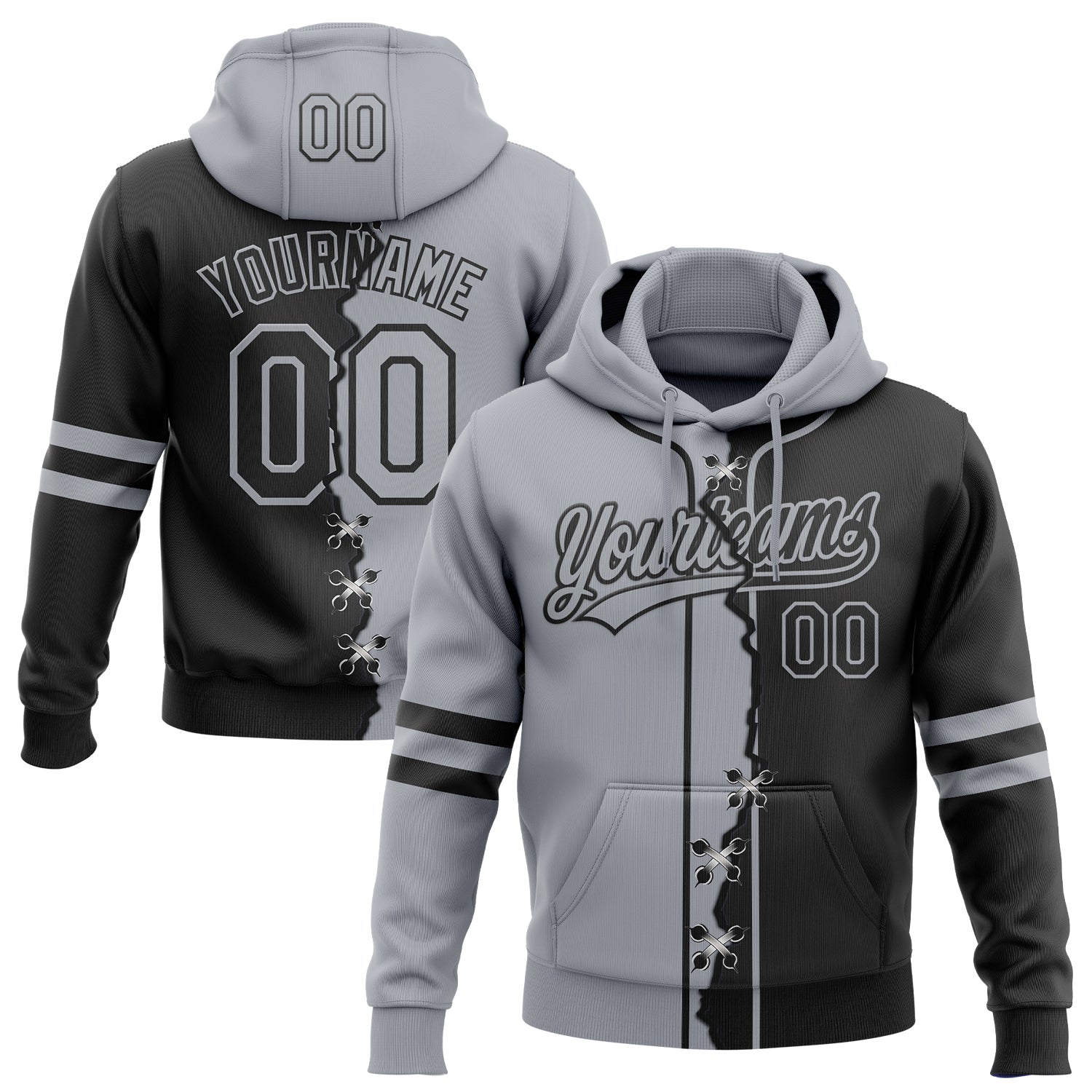 Custom Black Gray Split Ripped Pattern Baseball Pullover Sweatshirt Hoodie - Main View