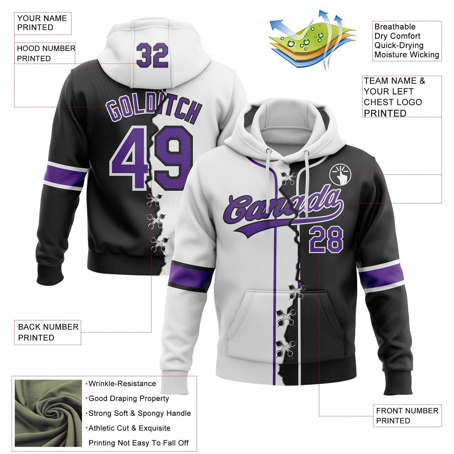 Custom Black Purple-White Split Ripped Pattern Baseball Pullover Sweatshirt Hoodie view 4