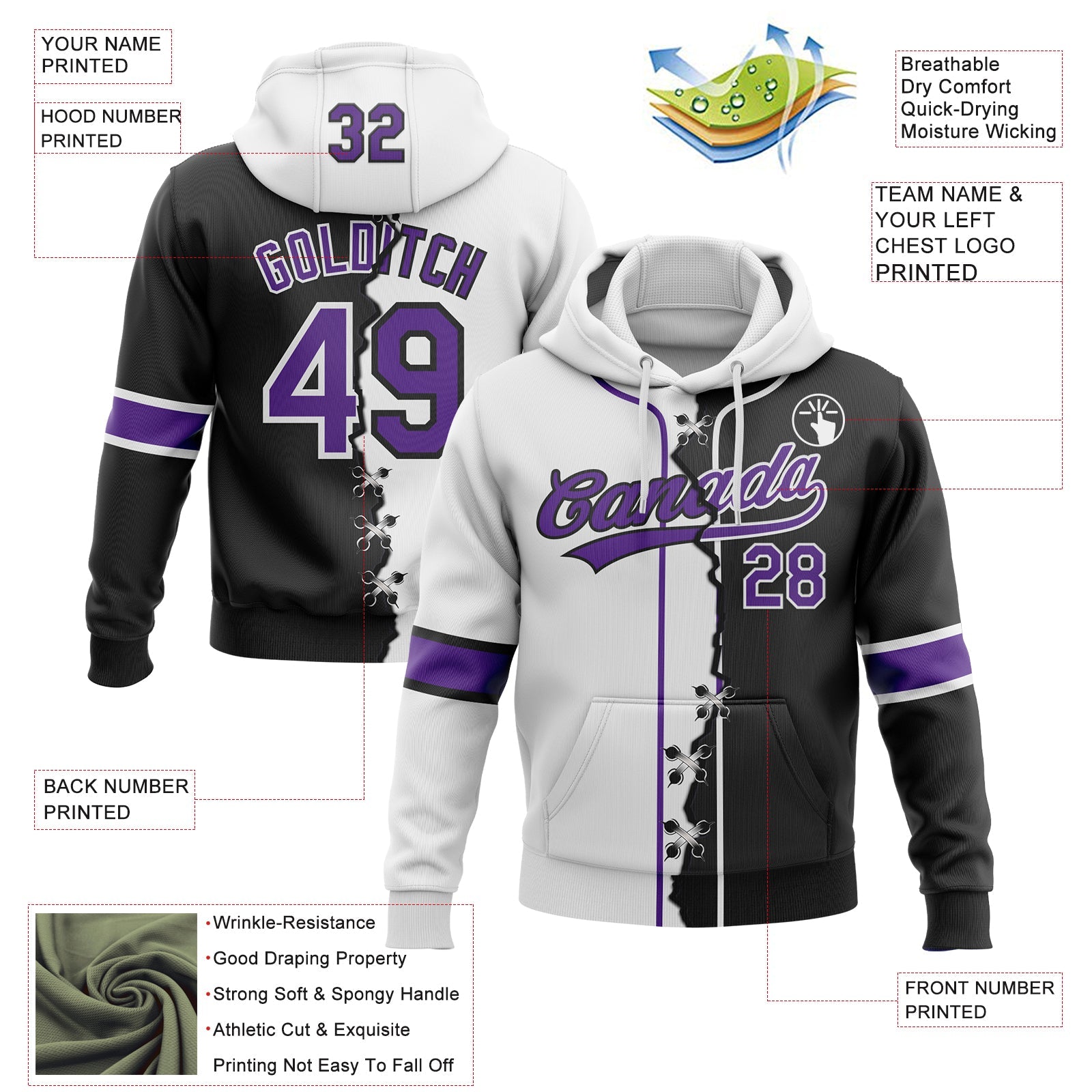 Custom Black Purple-White Split Ripped Pattern Baseball Pullover Sweatshirt Hoodie view 4