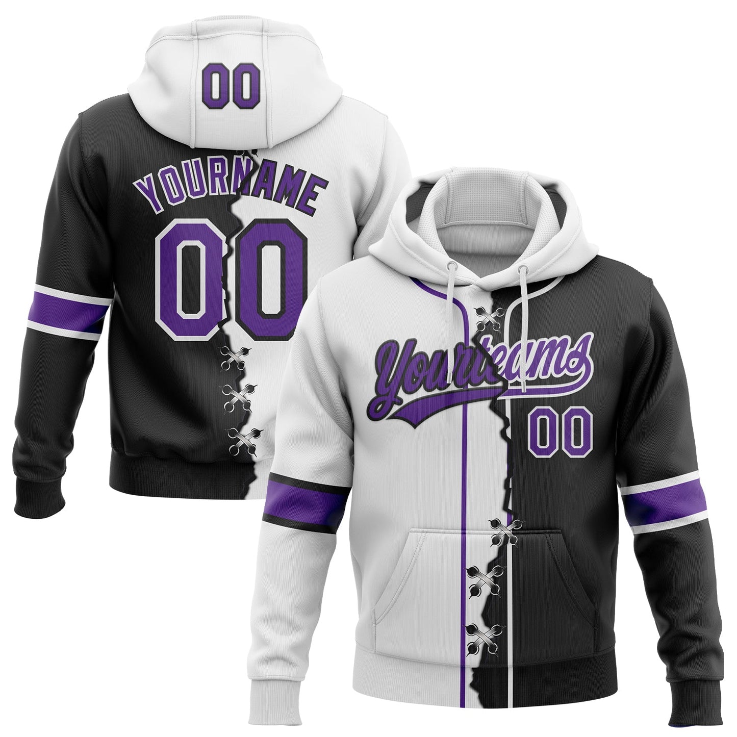 Custom Black Purple-White Split Ripped Pattern Baseball Pullover Sweatshirt Hoodie - Main View