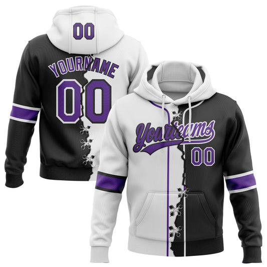 Custom Black Purple-White Split Ripped Pattern Baseball Pullover Sweatshirt Hoodie - Main View