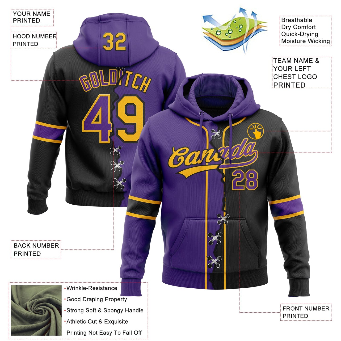Custom Black Purple-Gold Split Ripped Pattern Baseball Pullover Sweatshirt Hoodie view 4