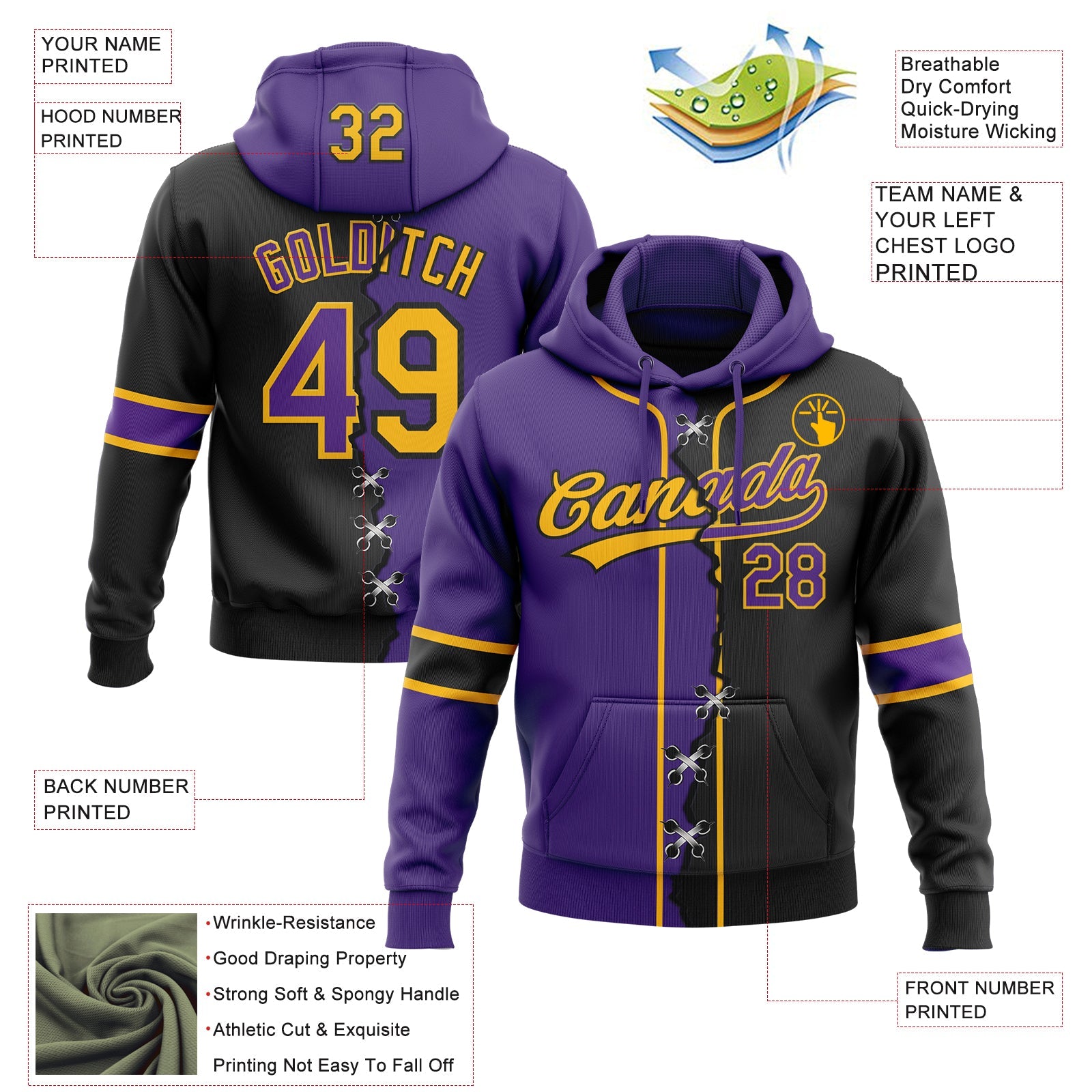 Custom Black Purple-Gold Split Ripped Pattern Baseball Pullover Sweatshirt Hoodie view 4