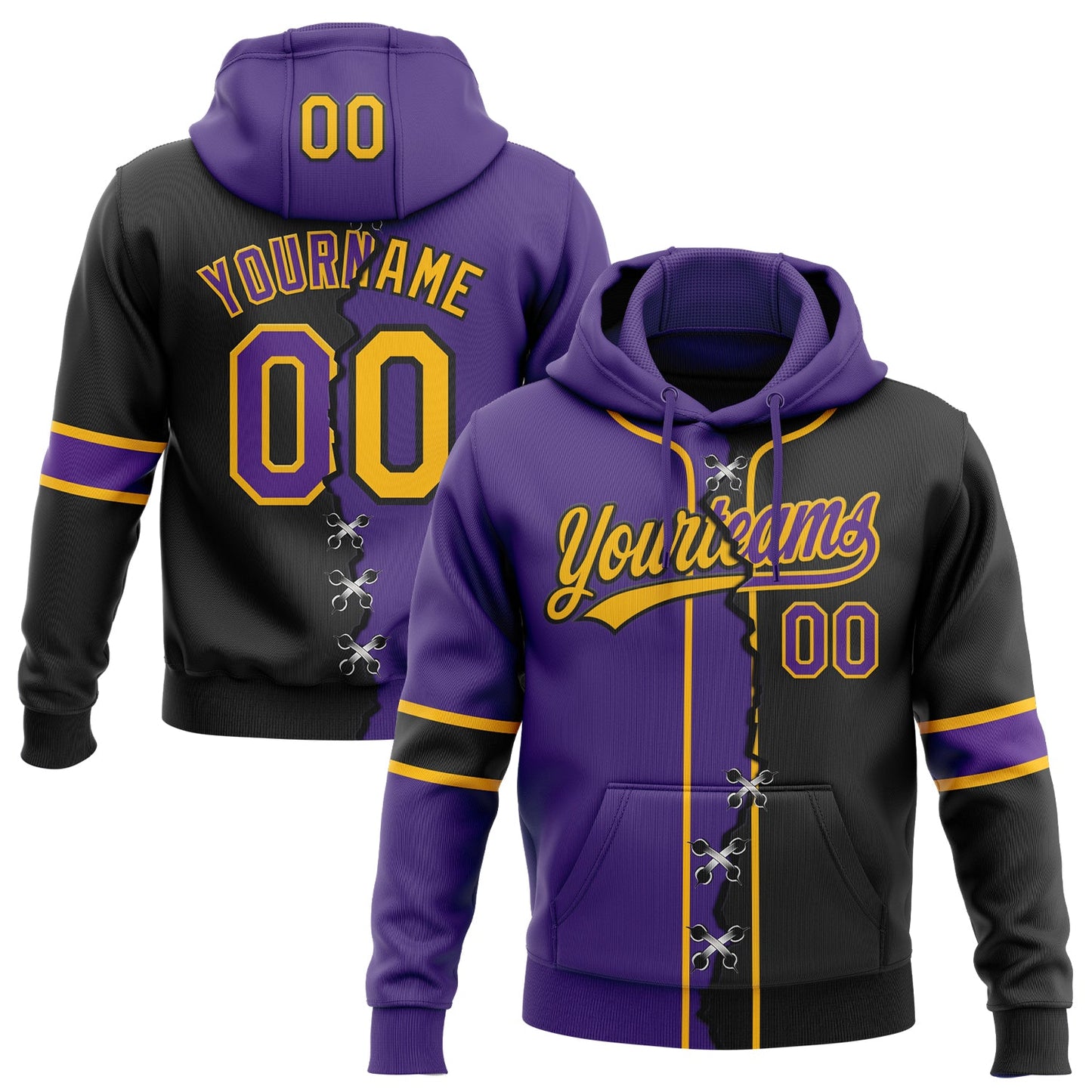 Custom Black Purple-Gold Split Ripped Pattern Baseball Pullover Sweatshirt Hoodie - Main View