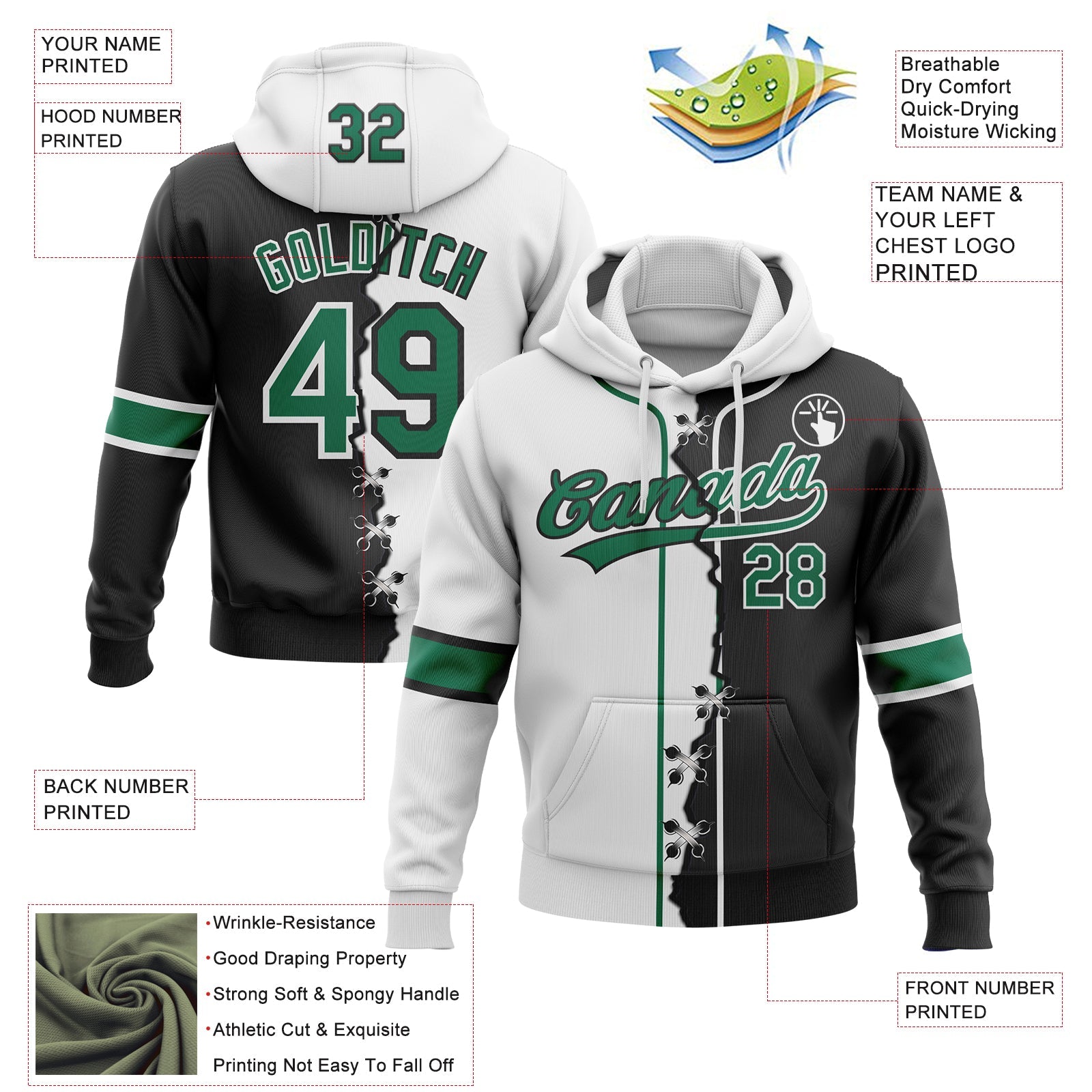 Custom Black Kelly Green-White Split Ripped Pattern Baseball Pullover Sweatshirt Hoodie view 4