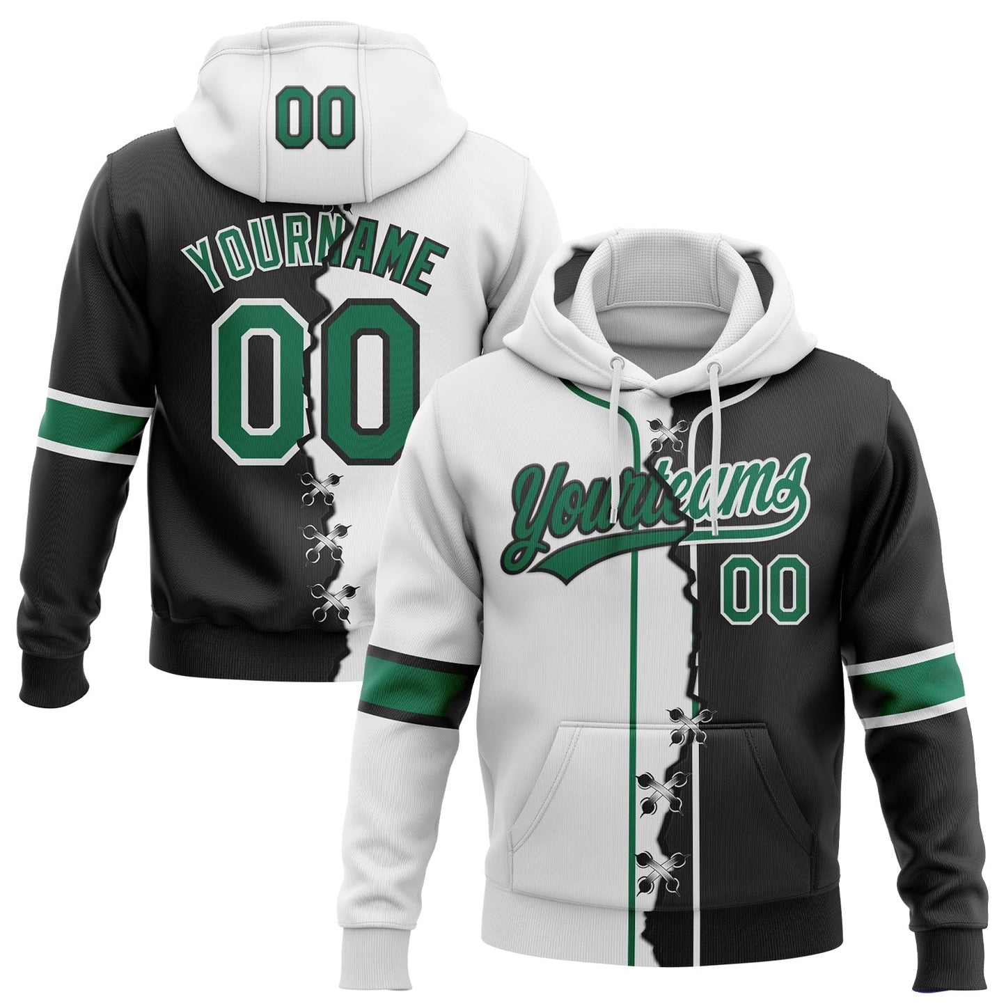 Custom Black Kelly Green-White Split Ripped Pattern Baseball Pullover Sweatshirt Hoodie - Main View