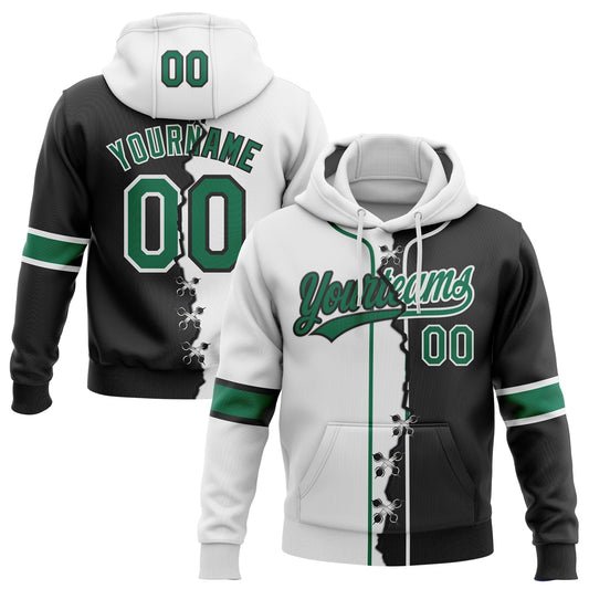 Custom Black Kelly Green-White Split Ripped Pattern Baseball Pullover Sweatshirt Hoodie - Main View