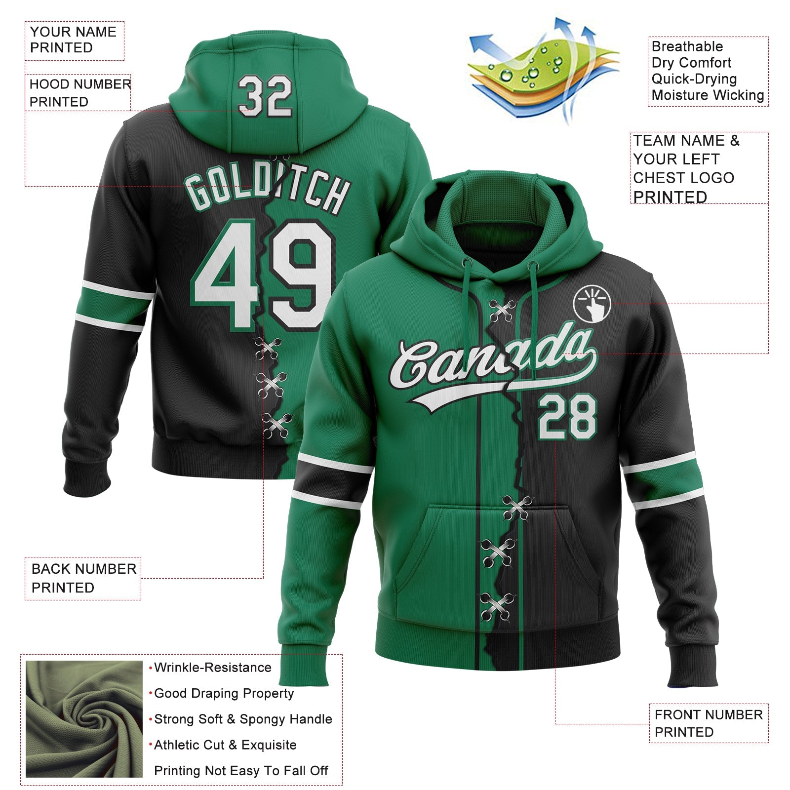 Custom Black White-Kelly Green Split Ripped Pattern Baseball Pullover Sweatshirt Hoodie view 4