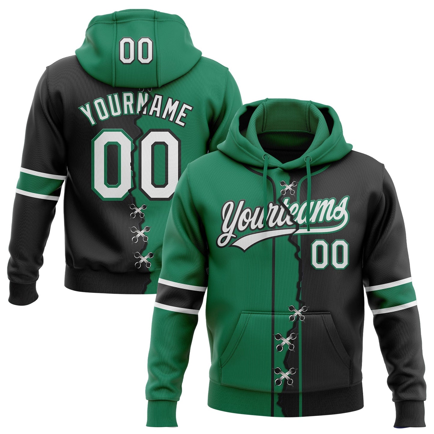 Custom Black White-Kelly Green Split Ripped Pattern Baseball Pullover Sweatshirt Hoodie - Main View