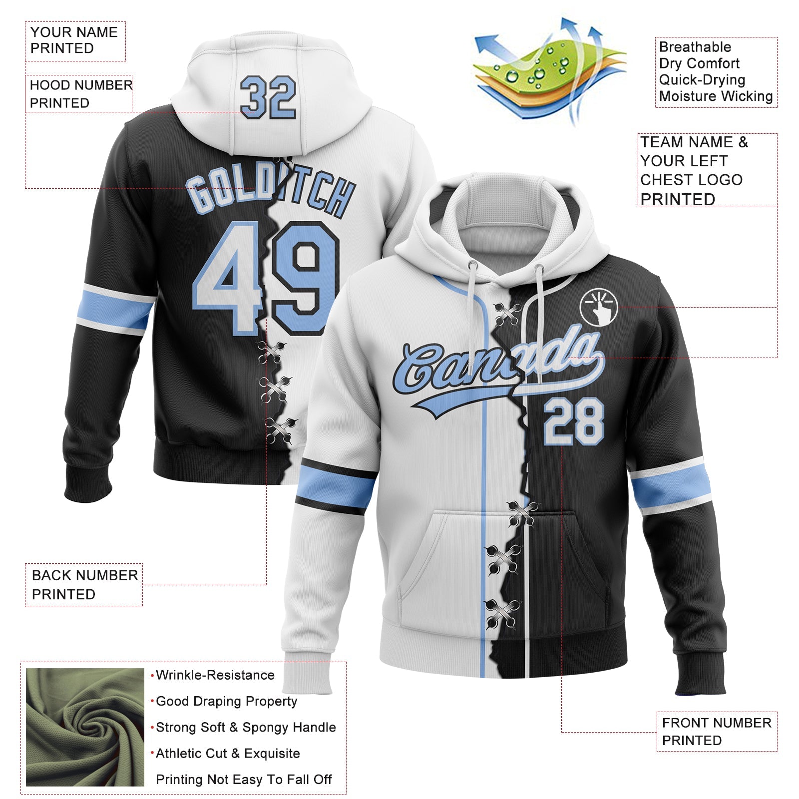 Custom Black Light Blue-White Split Ripped Pattern Baseball Pullover Sweatshirt Hoodie view 4