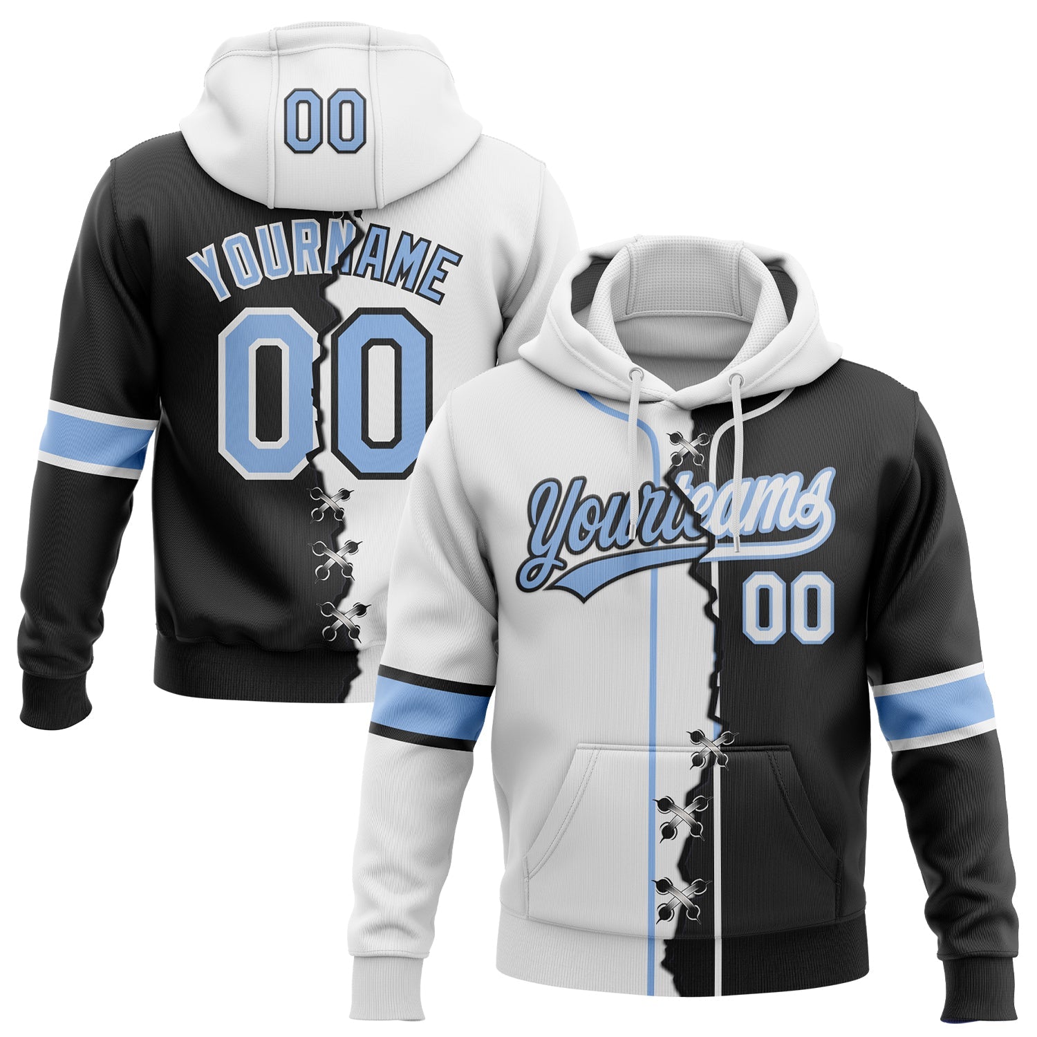 Custom Black Light Blue-White Split Ripped Pattern Baseball Pullover Sweatshirt Hoodie - Main View