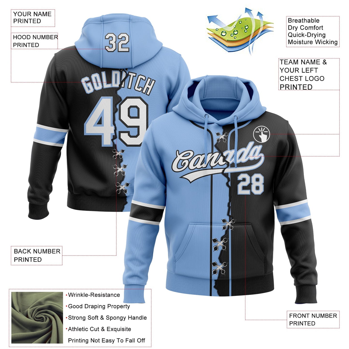 Custom Black White-Light Blue Split Ripped Pattern Baseball Pullover Sweatshirt Hoodie view 4