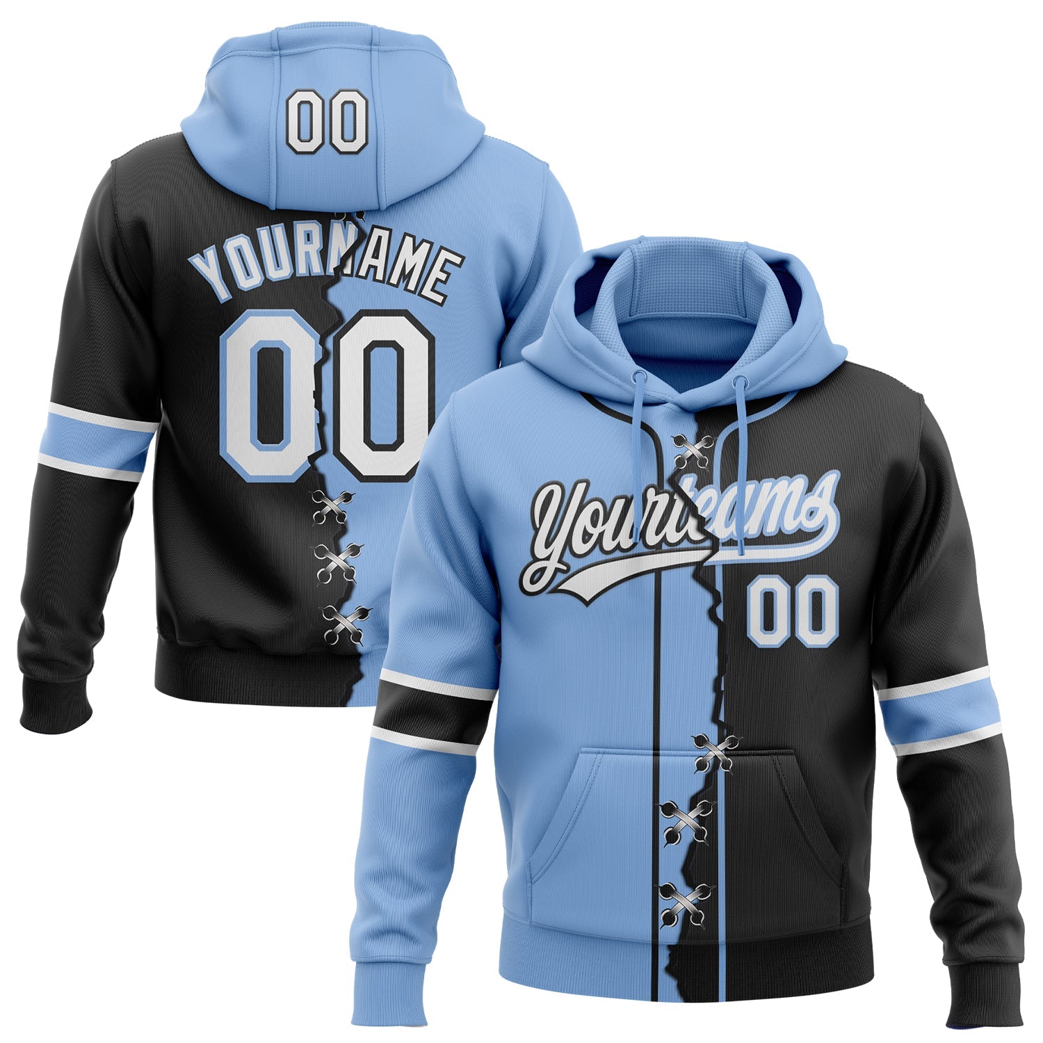 Custom Black White-Light Blue Split Ripped Pattern Baseball Pullover Sweatshirt Hoodie - Main View