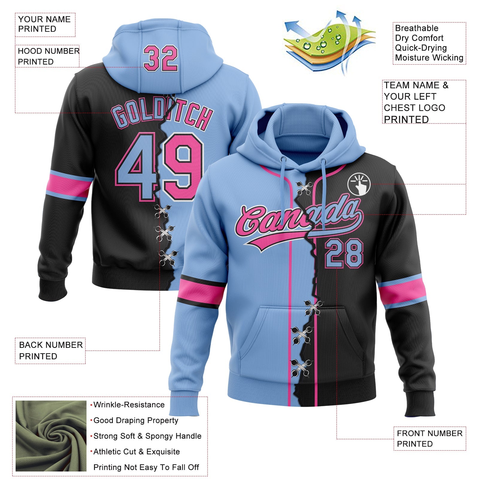 Custom Black Light Blue Pink-White Split Ripped Pattern Baseball Pullover Sweatshirt Hoodie view 4